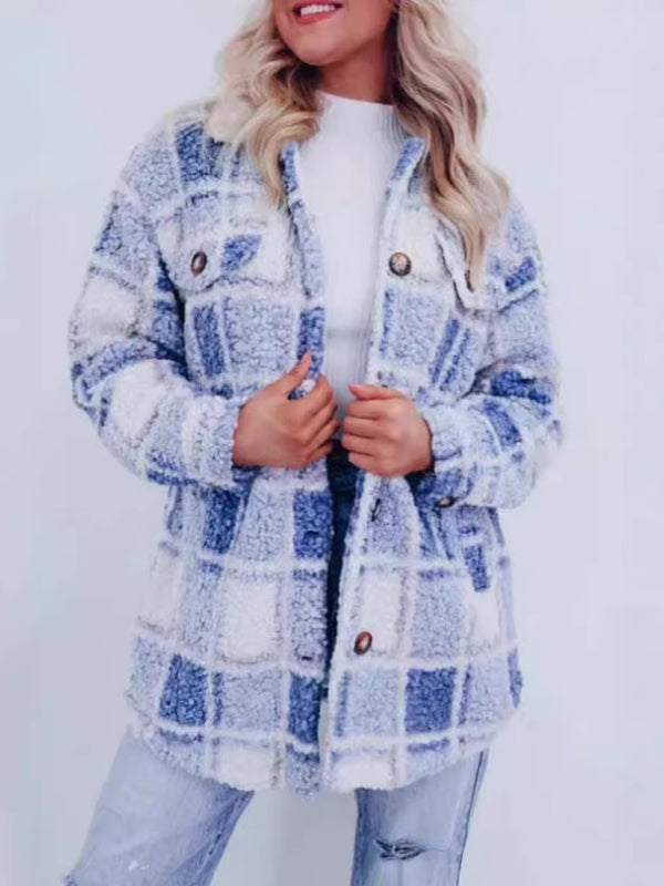 New multi-color plaid warm lapel jacket fashionable and versatile long-sleeved coat